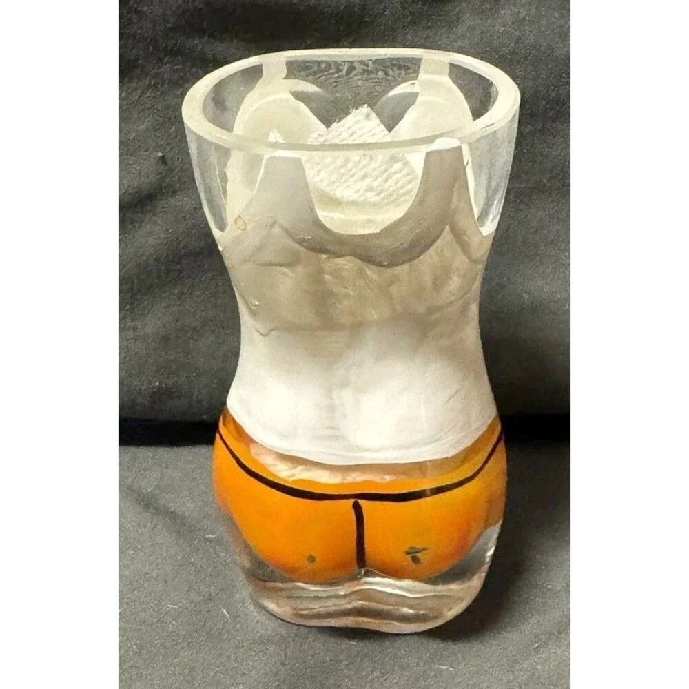 Vintage Hooters Girl Body Figural Shot Glass Barware Souvenir Orange Shorts